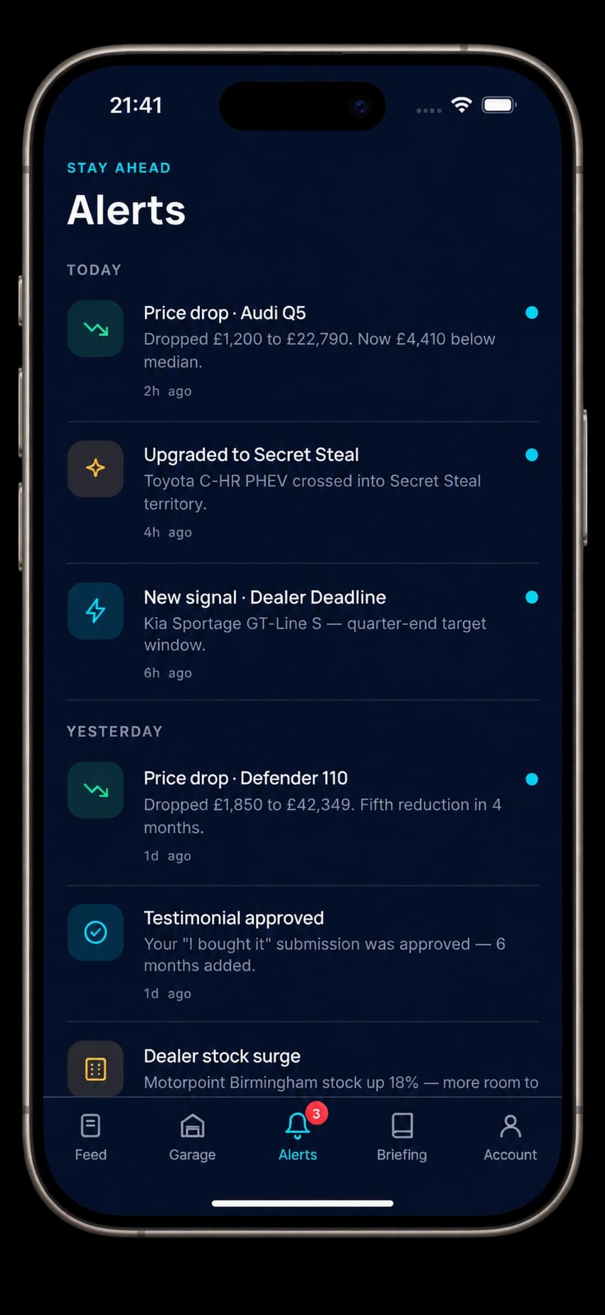 Alerts feed showing price drops and signal changes