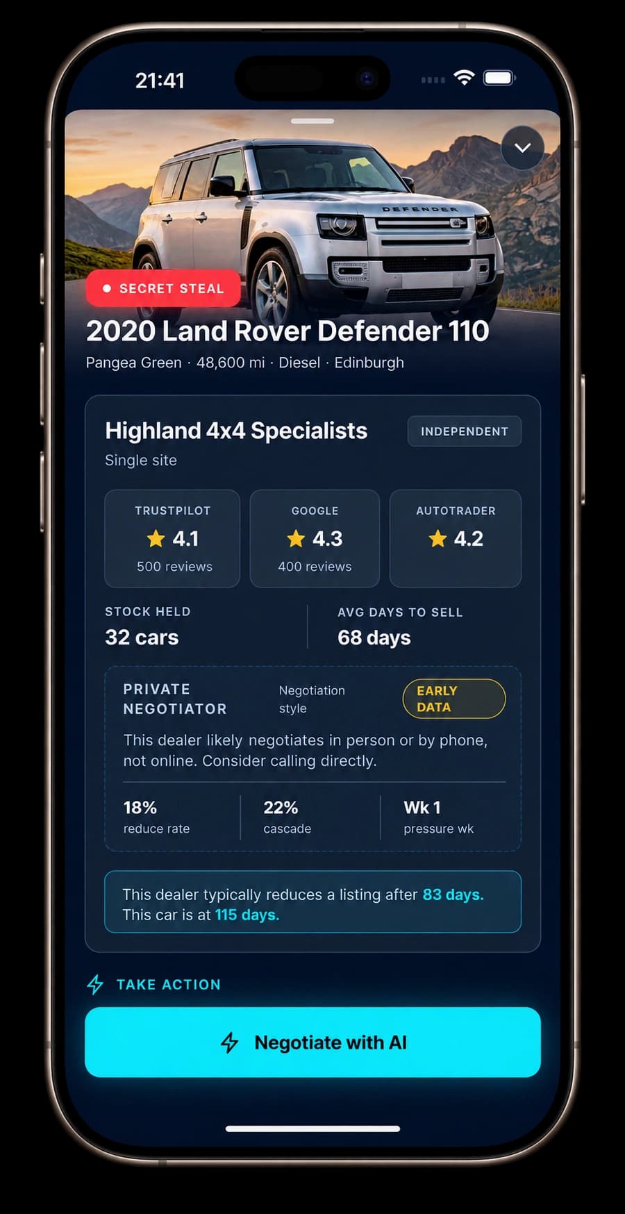 Dealer profile with ratings, stock and negotiation data