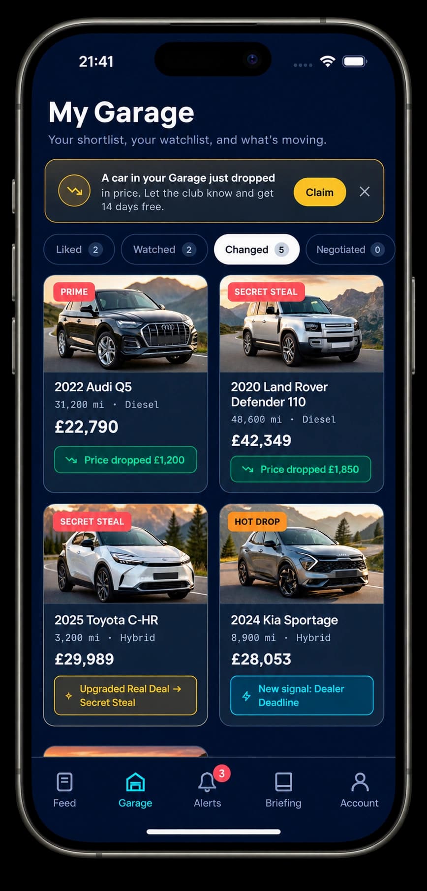 My Garage showing liked and watched vehicles with price alerts