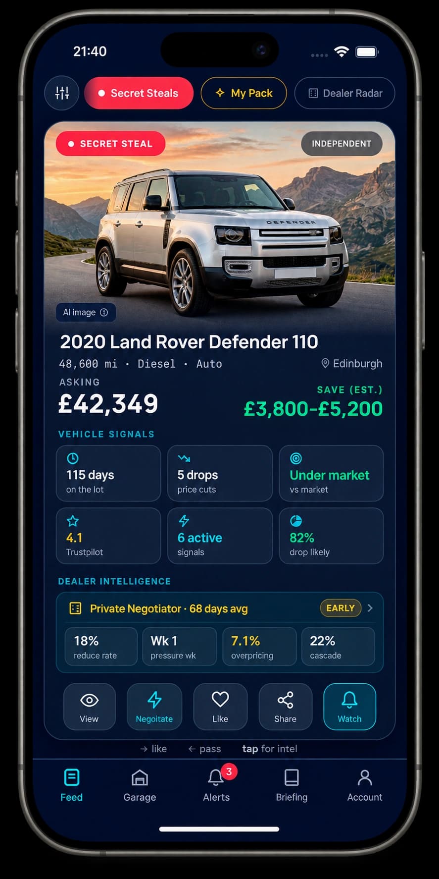 Vehicle intelligence card showing signals and savings